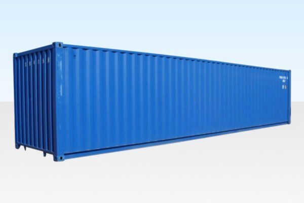 40 ft Bunded Storage Container – Blue – Three-quarter exterior view of a long blue shipping container on a white background