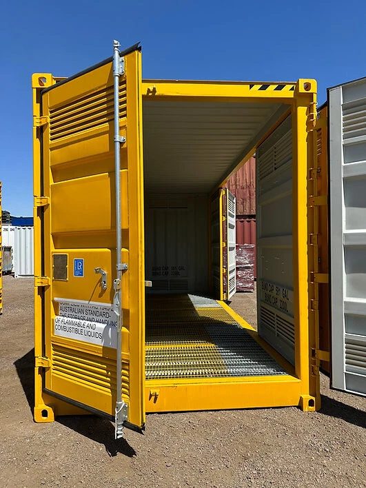 20ft Dangerous Goods Container – Bunded Floor and Ventilation – yellow dangerous goods container with open doors and grated floor