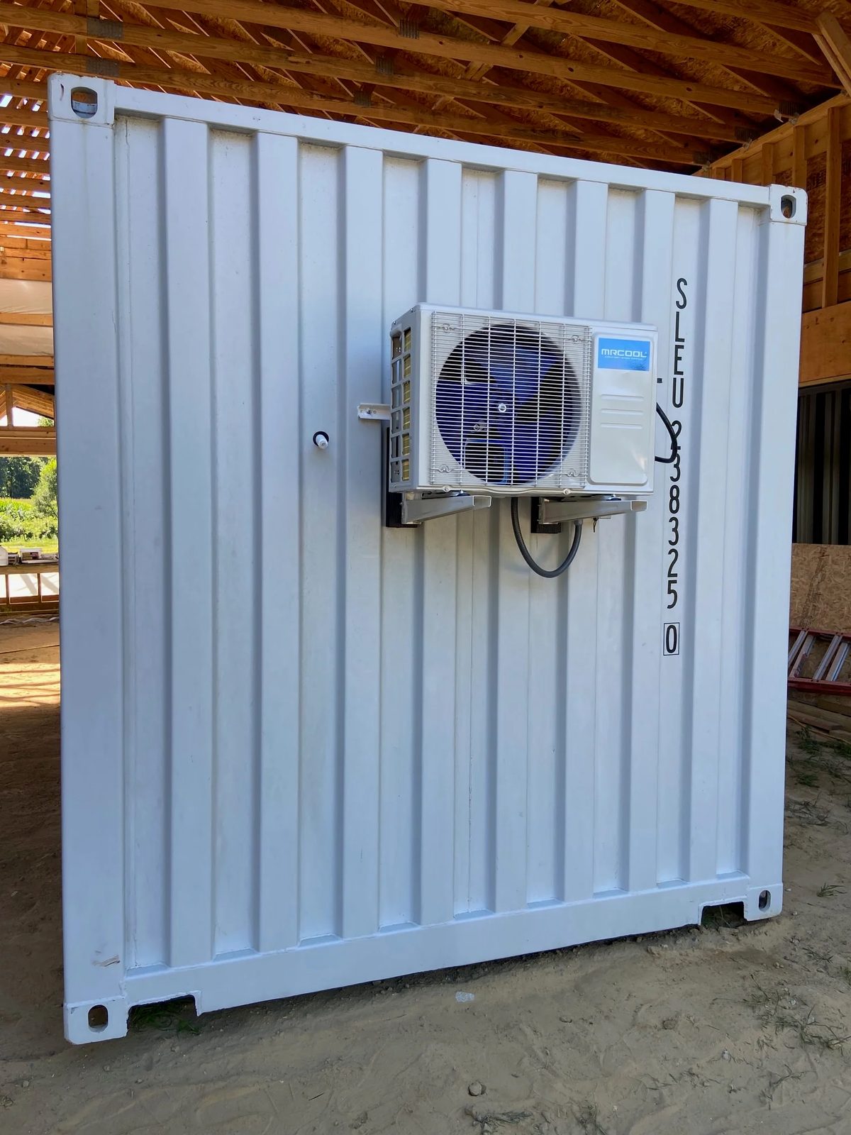 20ft Modular Container Office – LED Lighting, Two Windows – white container end wall with mounted air conditioning unit