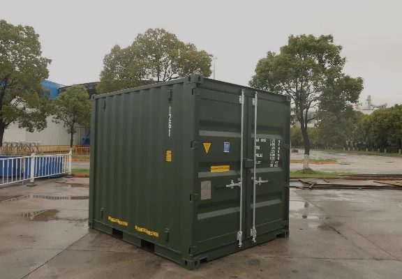 10ft New Shipping Container – Double Cargo Doors – three-quarter exterior view of green container with doors closed