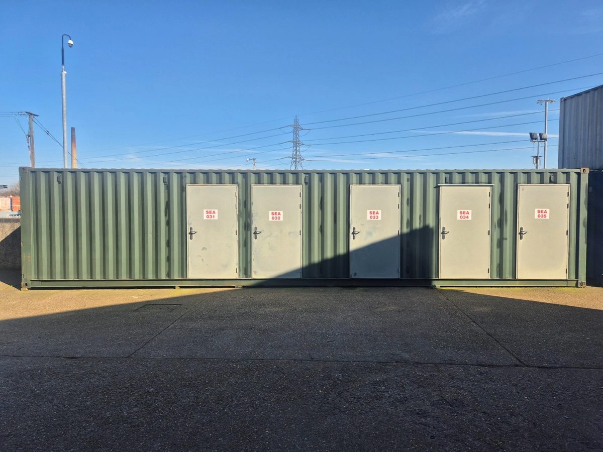 40ft One-Trip Shipping Container – Five Side Doors – green storage container with five separate closed access doors
