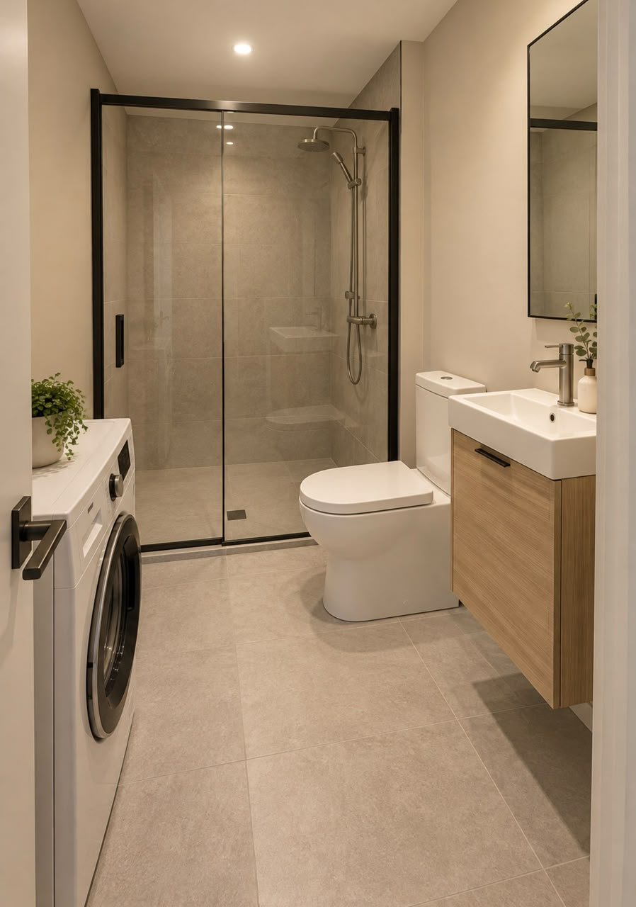 Two-Story Container Home – 1 Bedroom, 2 Baths, Rooftop Deck – Bathroom view showing the glass shower enclosure, vanity, toilet and laundry appliance — furniture and appliances shown for illustration only; not included
