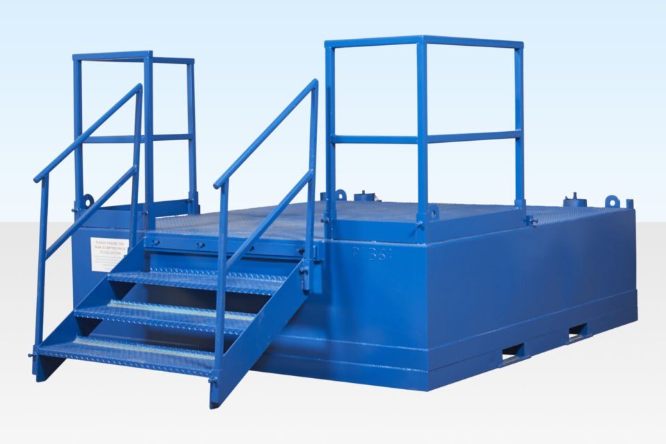 Double Mains Toilet Waste Tank – Blue Steel – Stand-alone blue steel waste tank with stairs and safety handrails