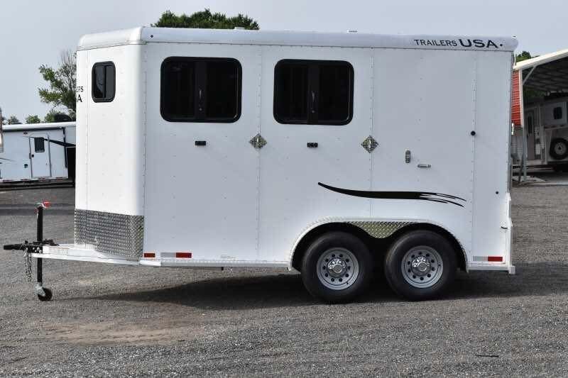 2019 Trailers USA 2 Horse Trailer – Aluminum, Dressing Room – Road side view of the trailer showing two large drop down windows