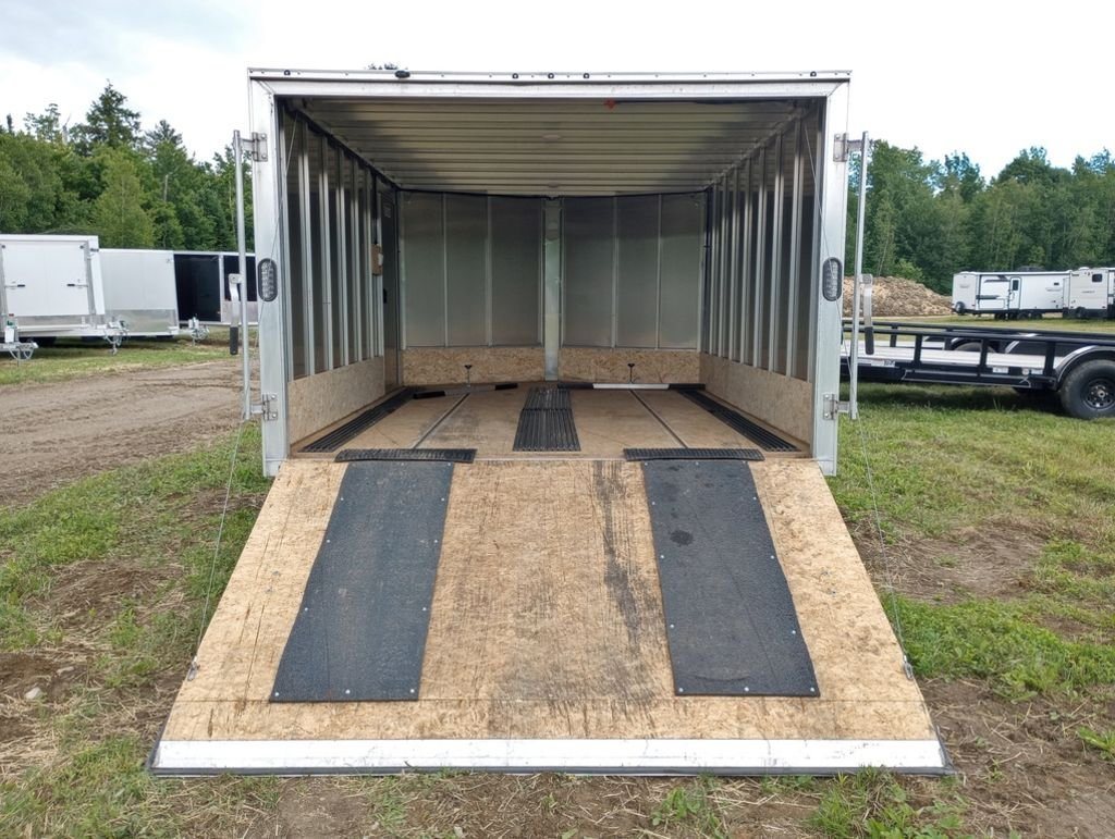 2022 Sno Pro Trailers Hybrid 2.0 – Charcoal Snowmobile Trailer – Wide view looking into the trailer interior with the rear ramp door lowered