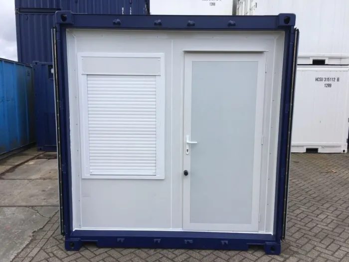 10ft Insulated Accommodation Container – Site Office – front view of accommodation container with door and shuttered window