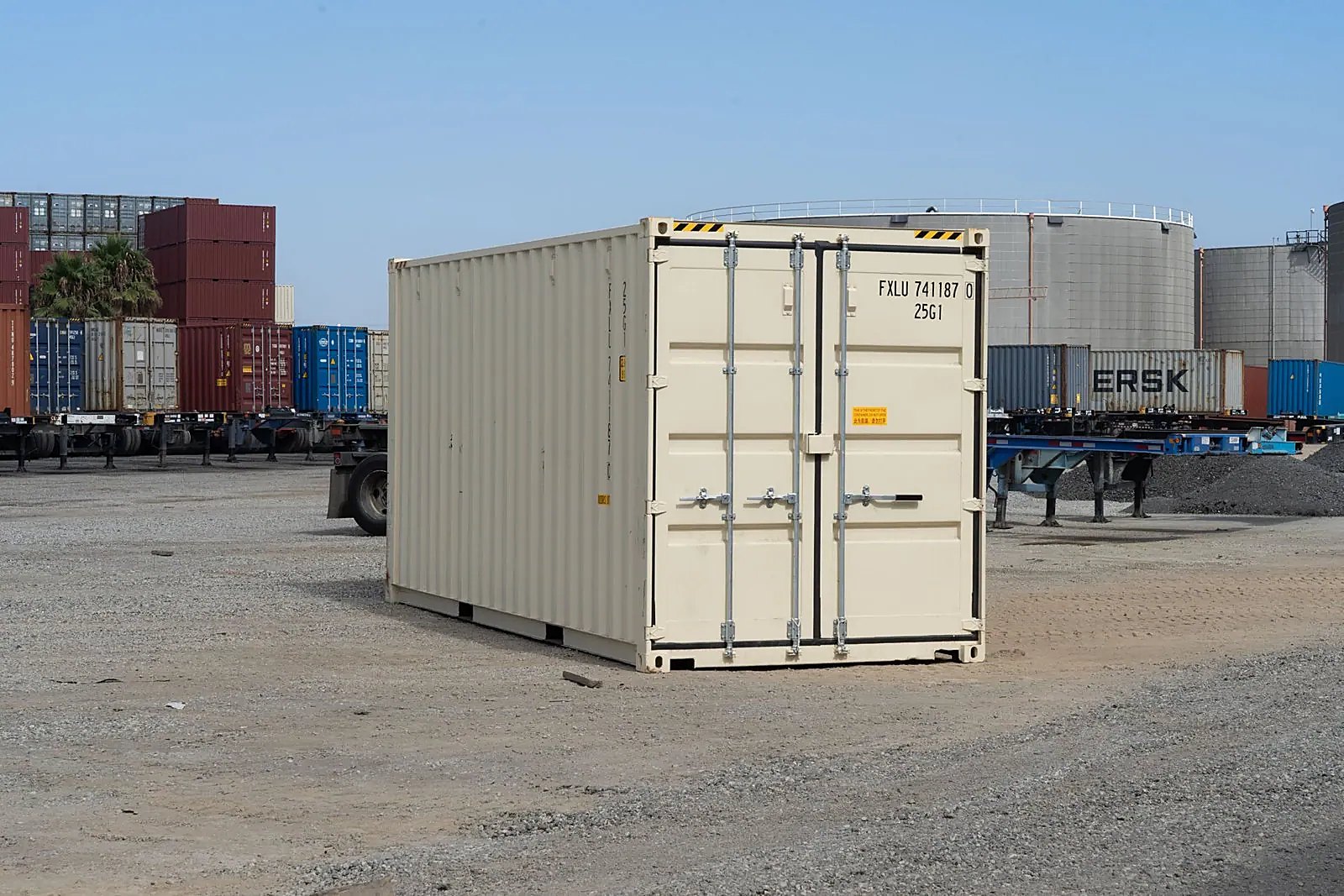 20ft High Cube Shipping Container – New One-Trip, Double Doors – three-quarter exterior view of cream container with cargo doors closed