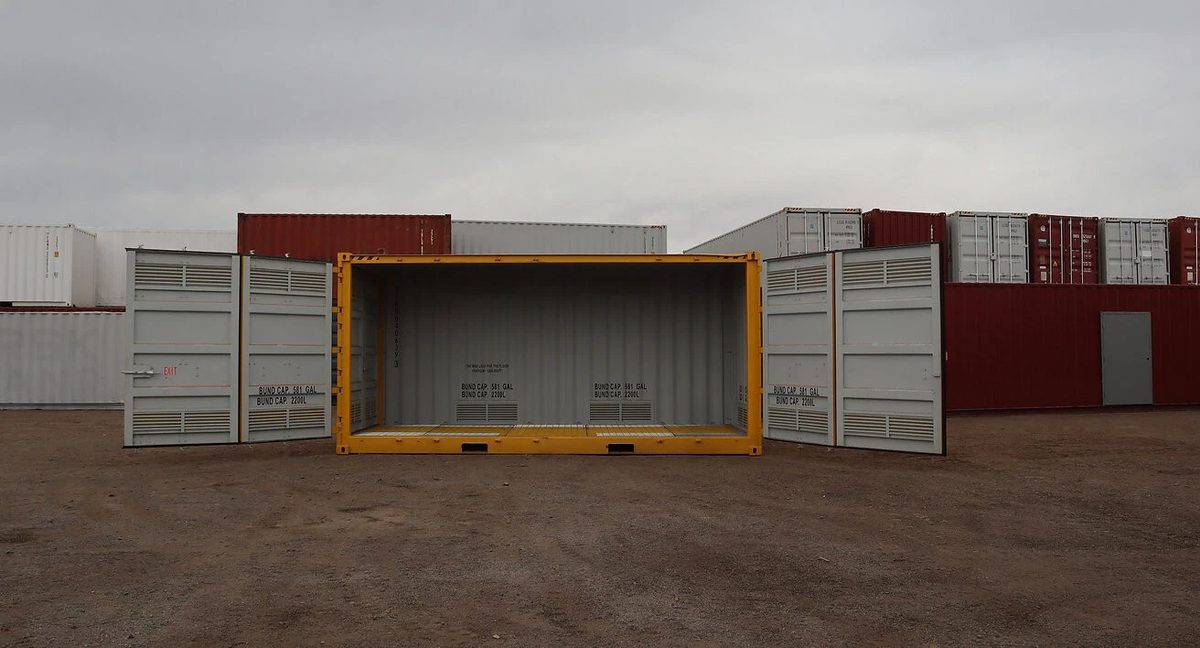 20ft Dangerous Goods Container – Bunded Floor and Ventilation – dangerous goods container with side doors fully open
