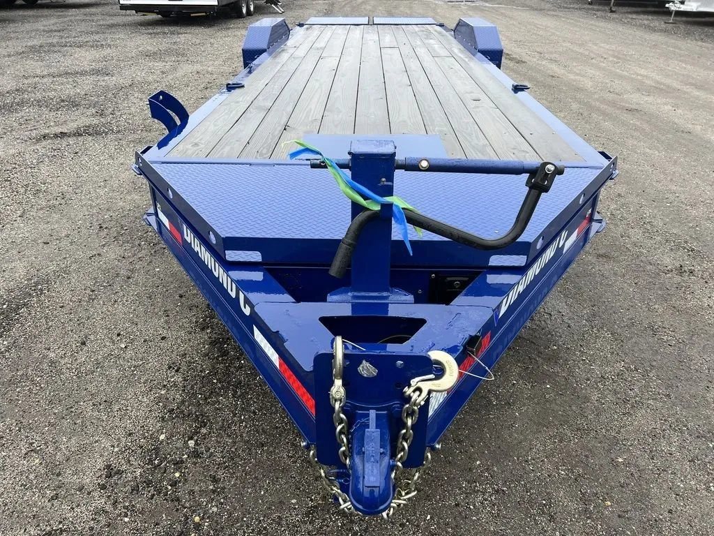 2022 Diamond C 24 ft Equipment Trailer – Max Ramps – High angle front view looking down the length of the wooden trailer deck