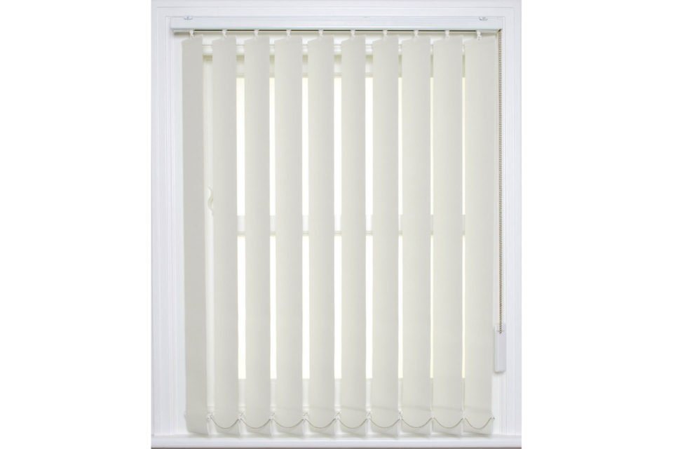 Jackleg Cabin Vertical Window Blind – Cream – White vertical window blinds mounted inside a white window frame