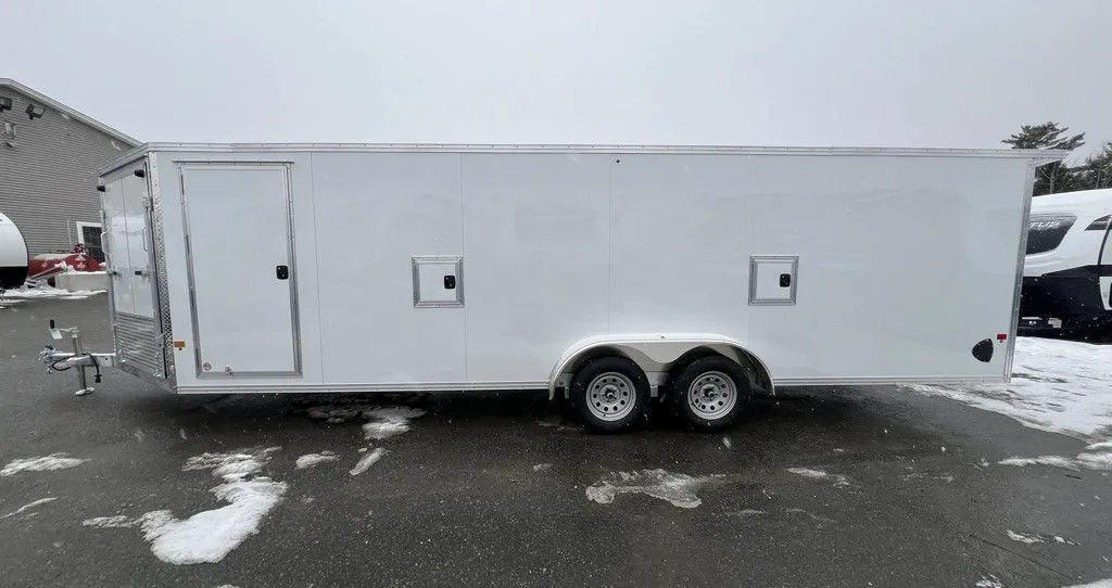2024 E-Z Hauler 24 ft Trailer – Rear Canopy – Full side profile of the white trailer showing the side access door