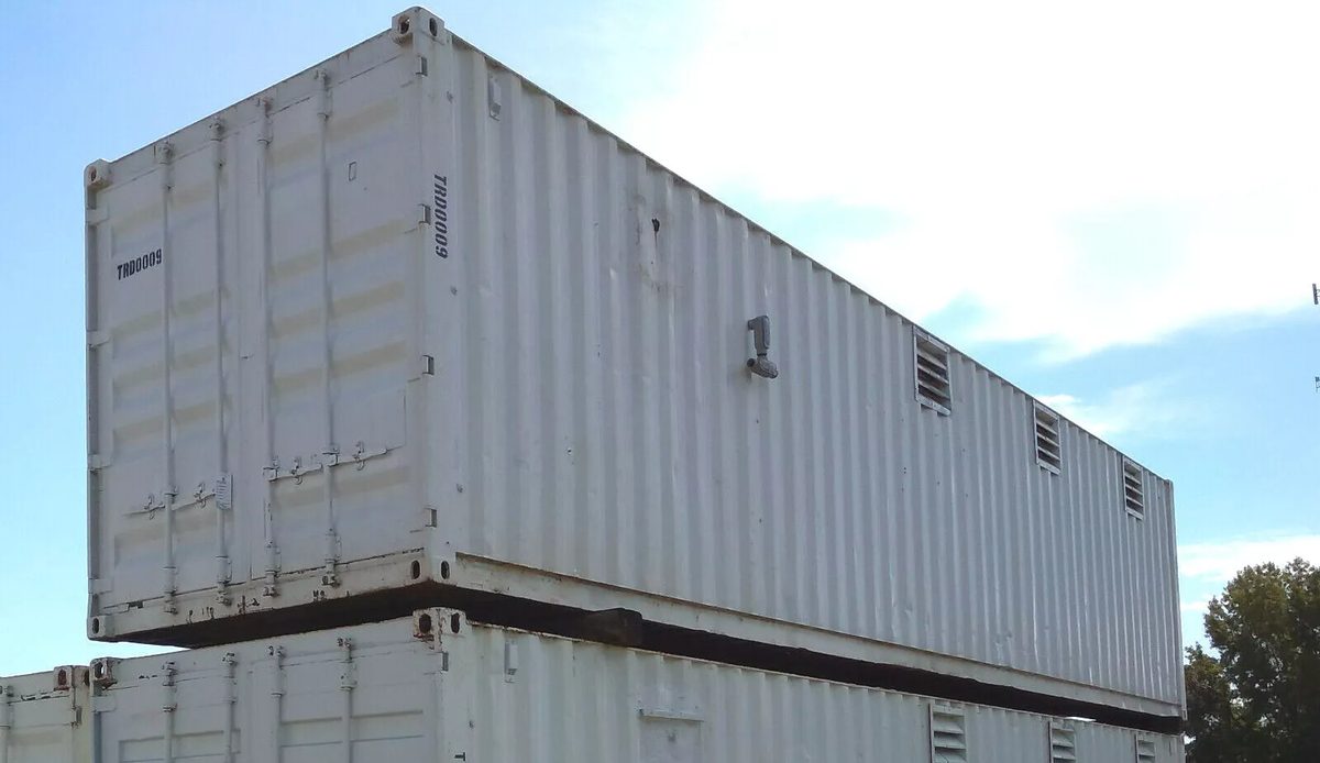 40ft High Cube Container Office – Storage Racking, Side Access – three-quarter exterior view of stacked container with doors and vents