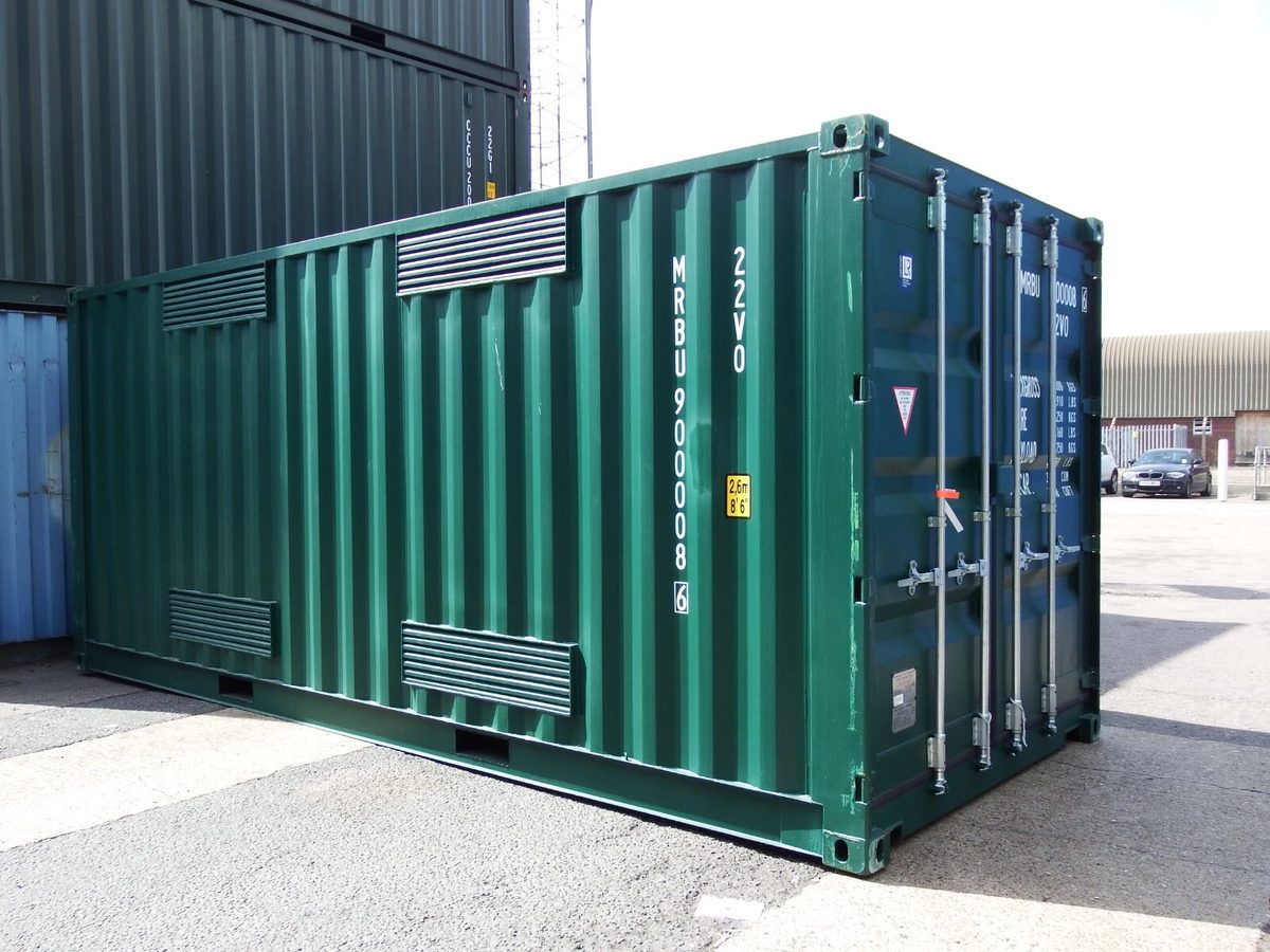 20ft Bunded Storage Container – Integrated Spill Containment – three-quarter exterior view of vented container with cargo doors closed