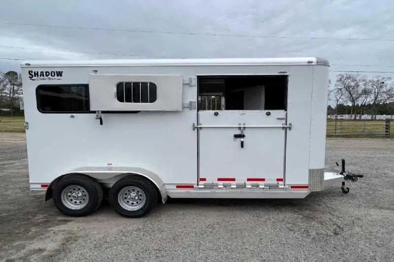 2023 Shadow 2HSSR 2 Horse Trailer – Extended Box – White trailer side view with top window open and ramp closed