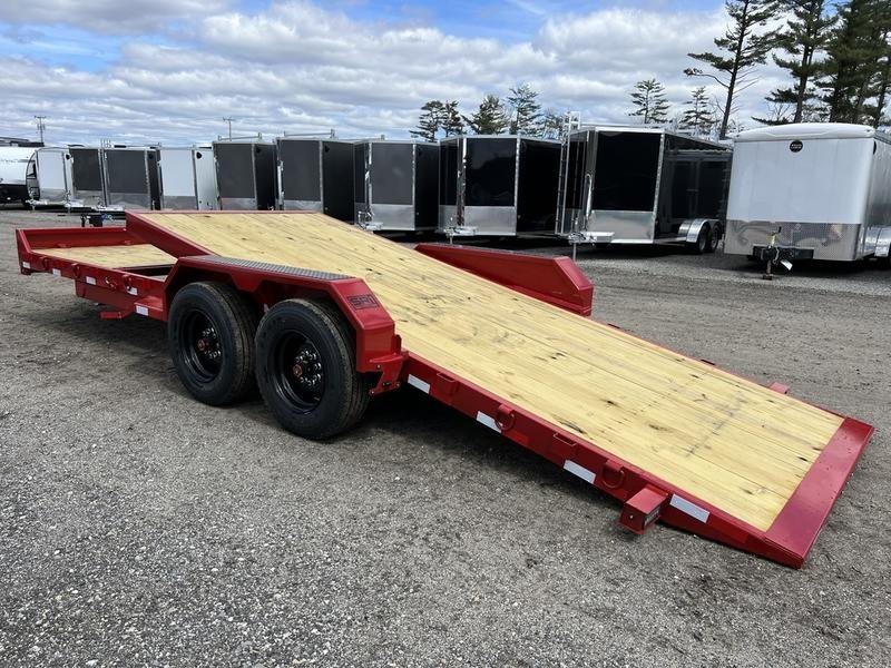 2024 Rice Trailers 22 ft Tilt Deck – Red, Toolbox – Rear view of the red trailer with the deck tilted for loading