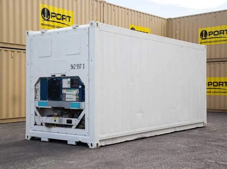 20ft High Cube Refrigerated Container – Adjustable Cold Storage – three-quarter exterior of white refrigerated container with cooling machinery