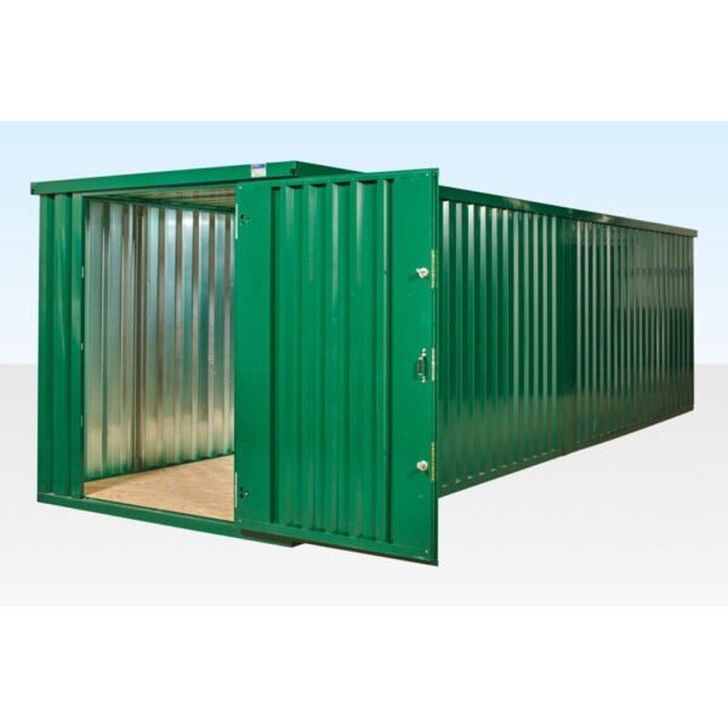 8 m (26.2 ft) Flat-Pack Container Bundle – Green, End-Linked – Green powder coated long modular flat pack container with door open against white background