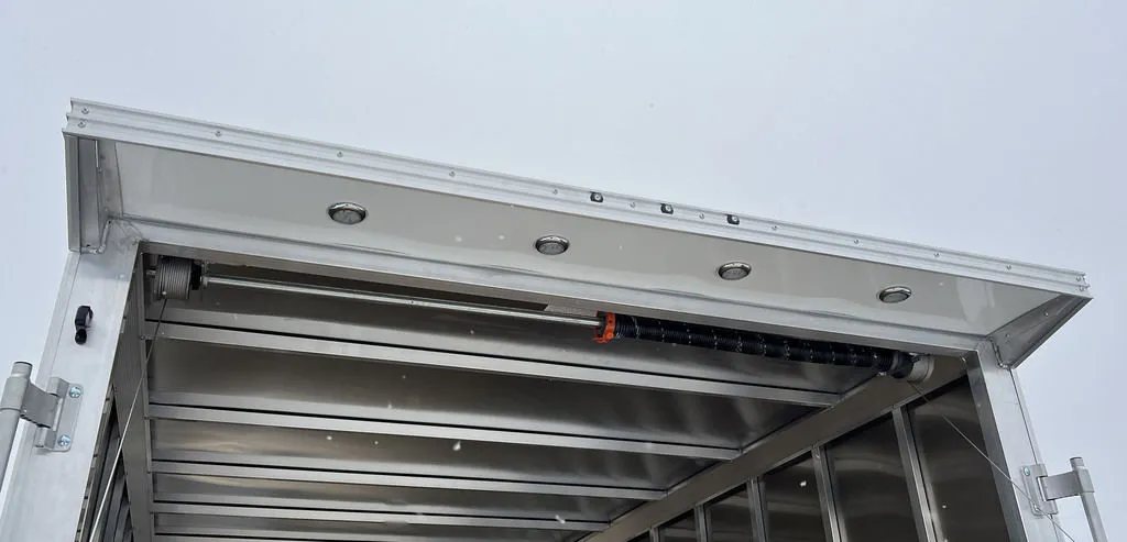 2024 E-Z Hauler 24 ft Trailer – Rear Canopy – Underneath view of the rear canopy showing recessed LED puck lights