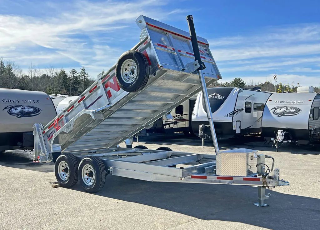 2024 N&N Trailers 14 ft Dump – Galvanized Steel – Full side view of the trailer with the hydraulic bed in the raised position