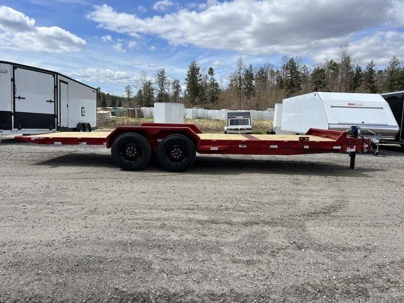 2024 Rice Trailers 22 ft Tilt Deck – Red, Toolbox – Full profile side view of the red tilt deck trailer on gravel