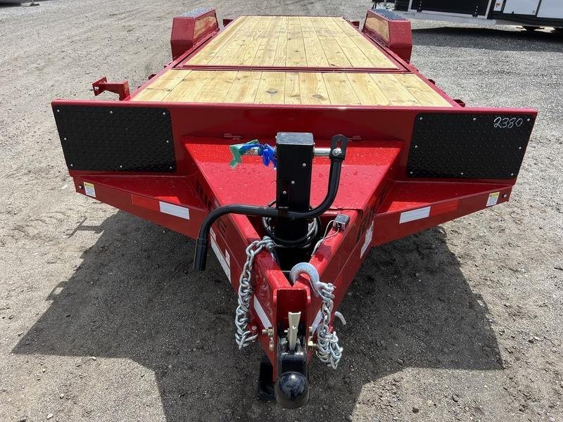 2024 Rice Trailers 22 ft Tilt Deck – Red, Toolbox – Top down view of the trailer tongue, hitch, and front storage area