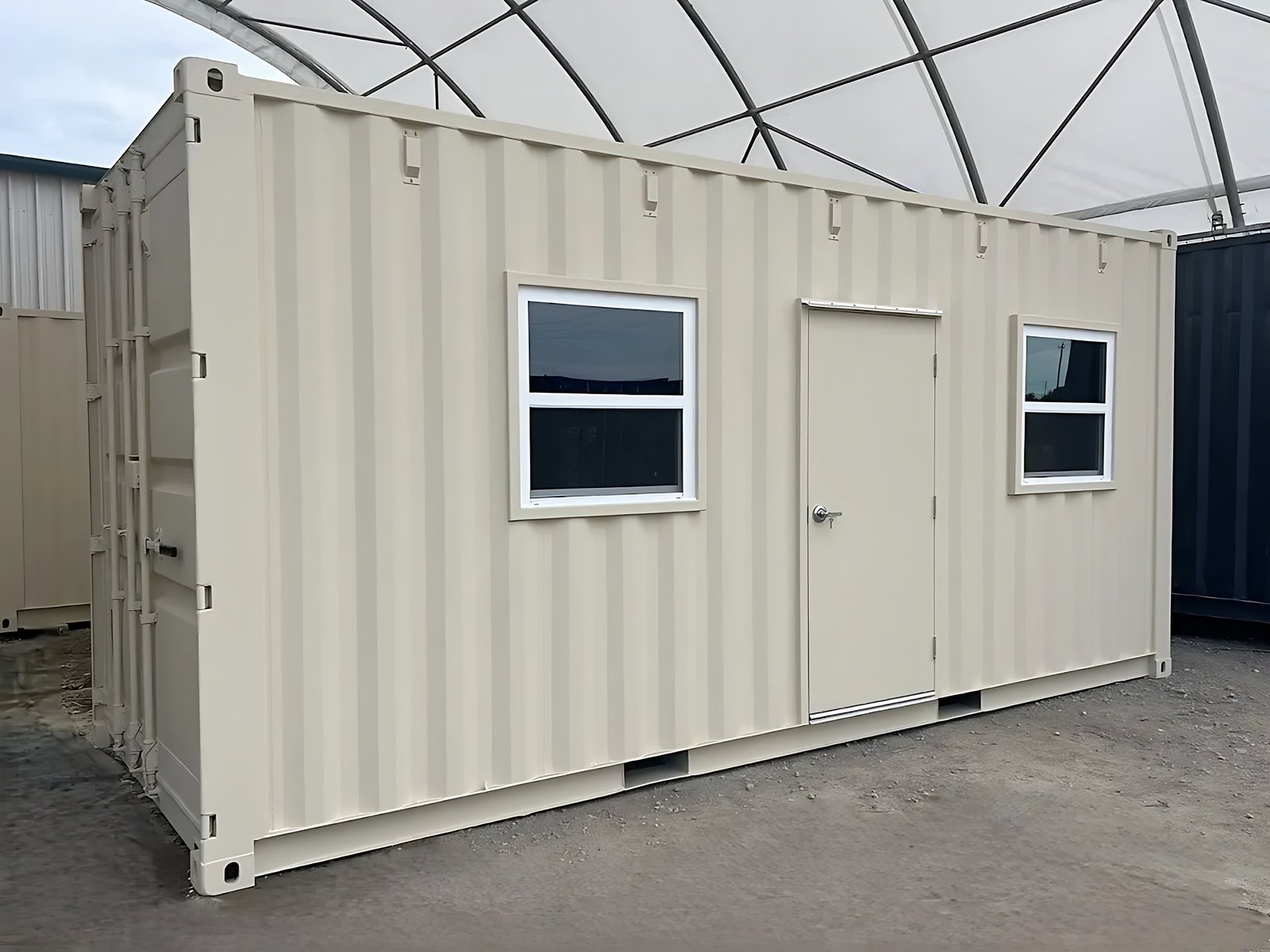 20ft High Cube Container Office – Side Entry and Two Windows – Three-quarter exterior of container office with two windows and entry door