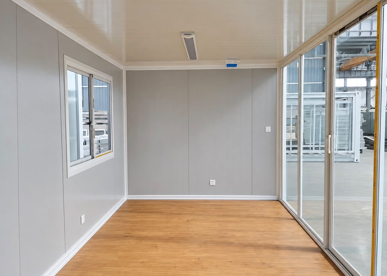 40ft Glazed Open-Plan Container – Lined Interior, Blue – 40ft Glazed Open-Plan Container — Interior Room View