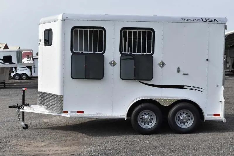 2019 Trailers USA 2 Horse Trailer – Aluminum, Dressing Room – Side view of the trailer showing drop down windows and dual axles