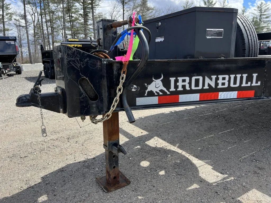 2022 Iron Bull Trailers Equipment Trailer – Rampage Ramps – Detailed side view of the trailer tongue, jack, and manufacturer logo decal