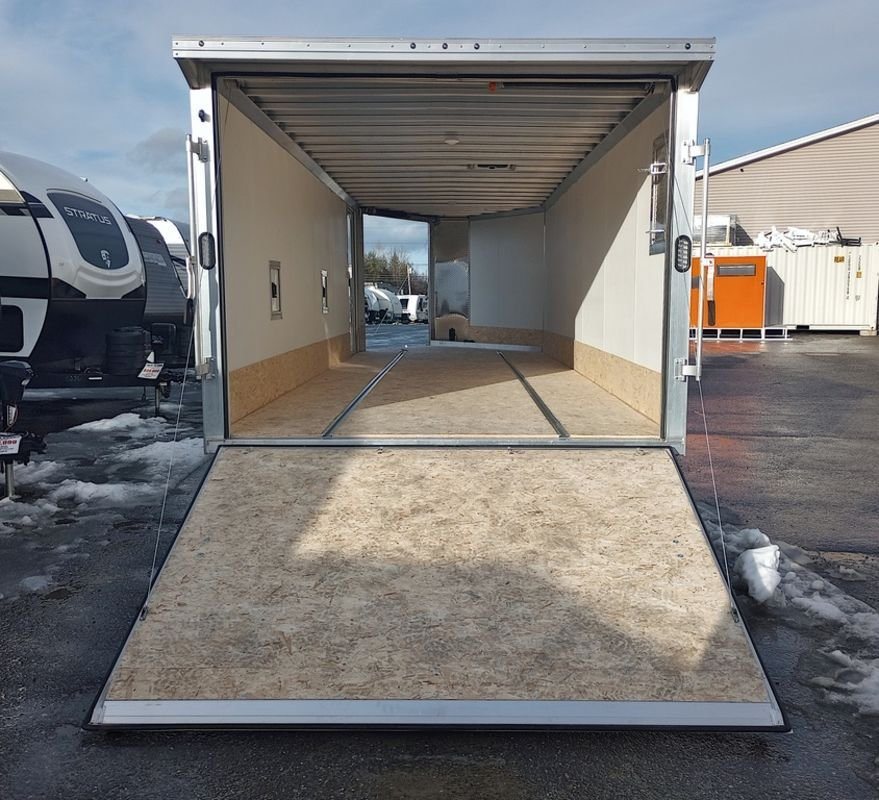 2024 Mission Trailers 24 ft Deckover – Galvanized Package – Rear view with the large ramp door fully open showing the interior