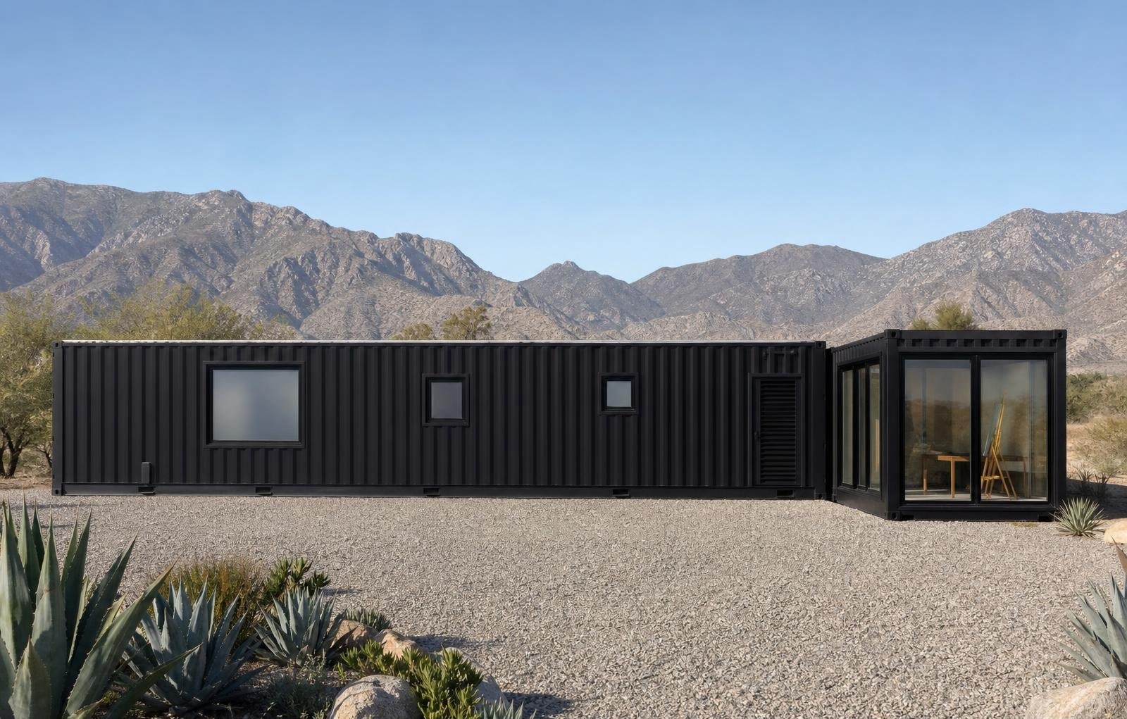 10-Module Container Home – The Ultimate, 3-Bedroom Courtyard – A sophisticated wellness villa bathroom featuring a floating walnut vanity, matte black fixtures, and floor-to-ceiling stone tiles