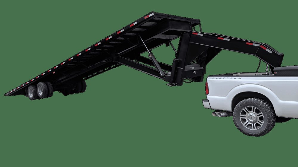 40 ft Tilt Bed Trailer – Twin-Cylinder Hydraulics – Black gooseneck tilt bed trailer in raised position attached to a white truck