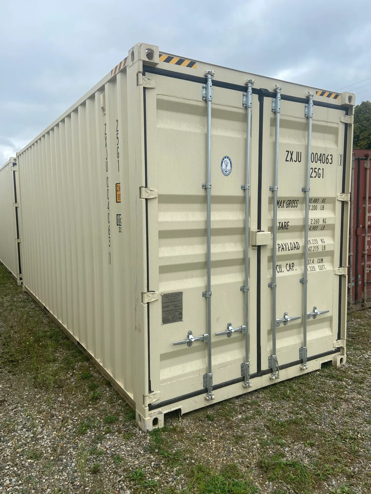 20ft High Cube Shipping Container – One-Trip, Extra Height – three-quarter exterior view of container with cargo doors closed