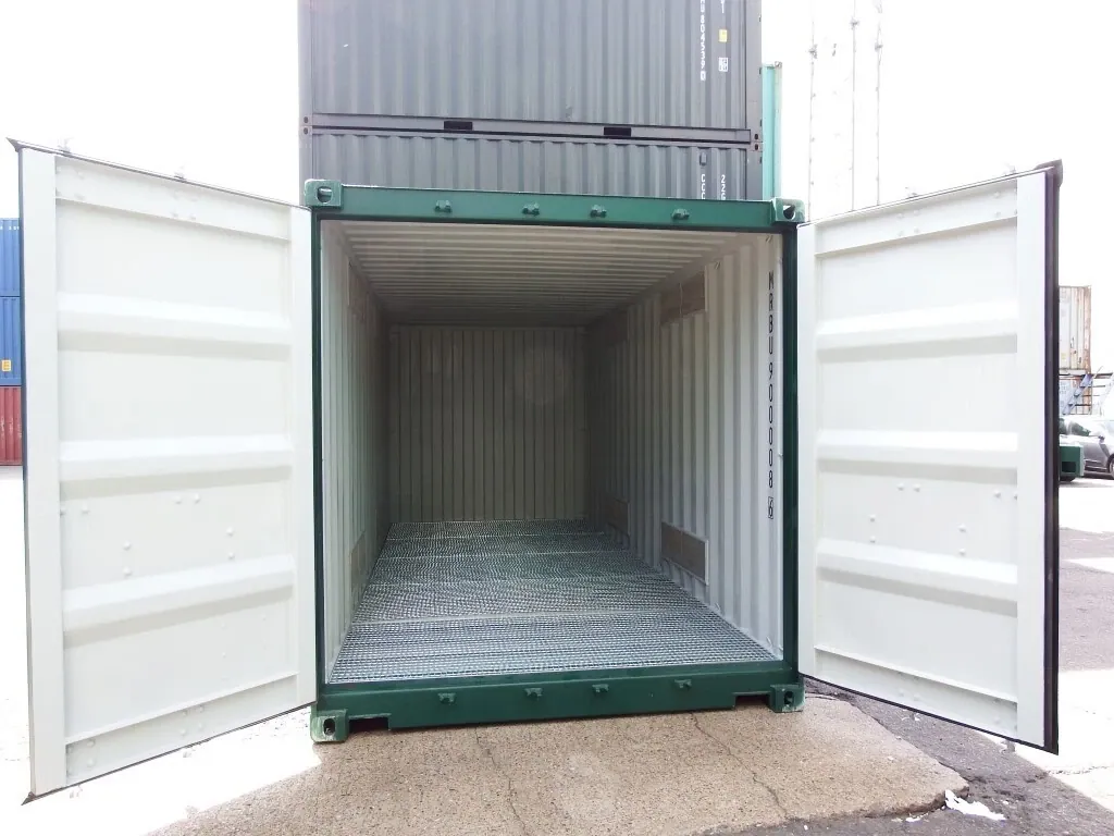 20ft Bunded Storage Container – Integrated Spill Containment – open container doors revealing empty interior with grated steel floor