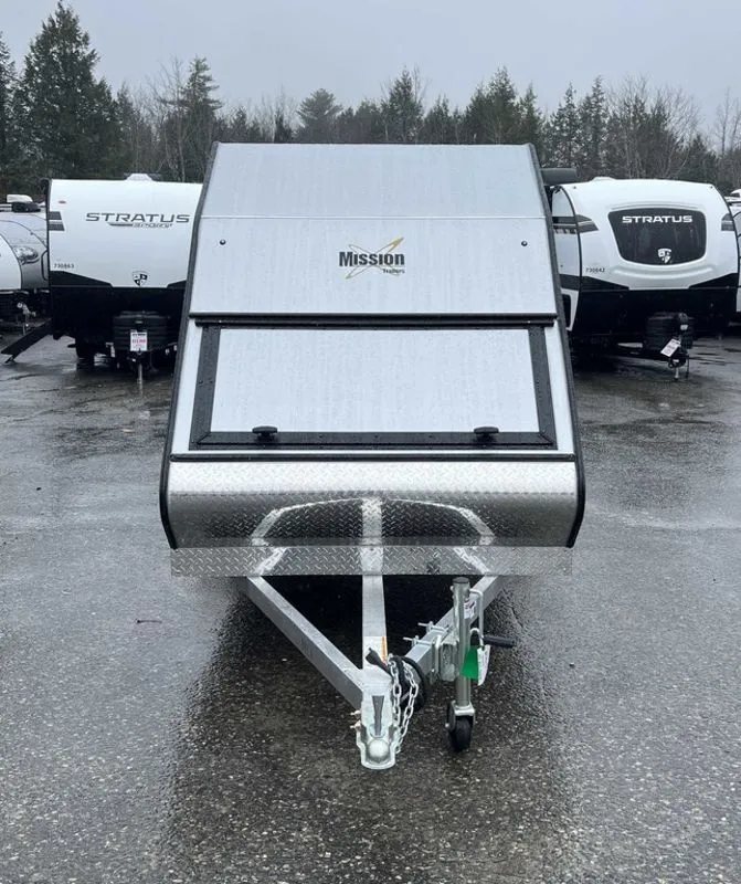 2024 Mission Trailers Crossover Trailer – Galvanized Package – Straight-on front view showing the diamond plate stone guard and hitch