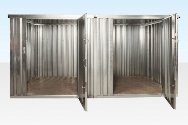 3 m (9.8 ft) Side-Linked Flat-Pack Bundle – Galvanized – Straight front view of linked galvanised units with both doors wide open