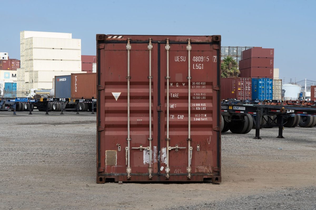 45ft High Cube Shipping Container – Used, Cargo Worthy – straight-on view of weathered container with cargo doors closed