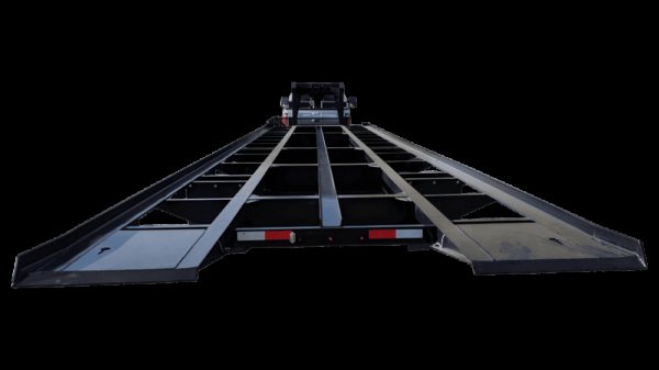 40 ft Gooseneck Tilt Bed Trailer – Eight Winches – Rear view looking down the length of the metal trailer frame bed deck