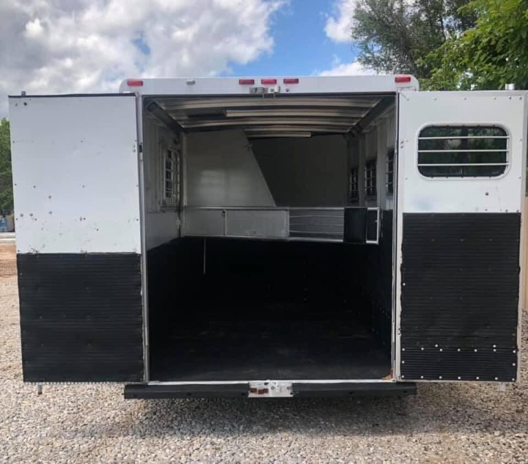 1998 Sundowner 3 Horse Slant Trailer – Dressing Room – Rear view of the trailer with double rear doors fully open to horse area