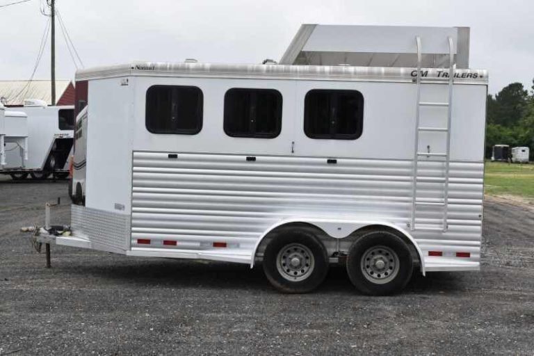 2012 CM 3 Horse Bumper Pull Trailer – Aluminum, Hayrack – Full side view of the white horse trailer with three windows and ladder