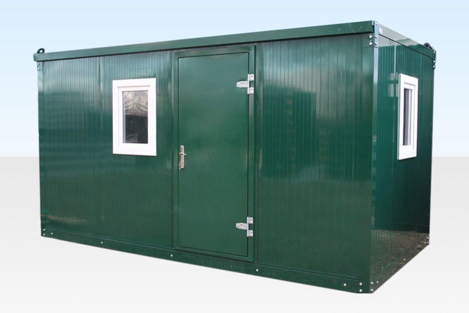 14.1 ft Flat-Pack Office Cabin – Moss Green – Exterior side view of a green cabin showing two white-rimmed windows and a central door