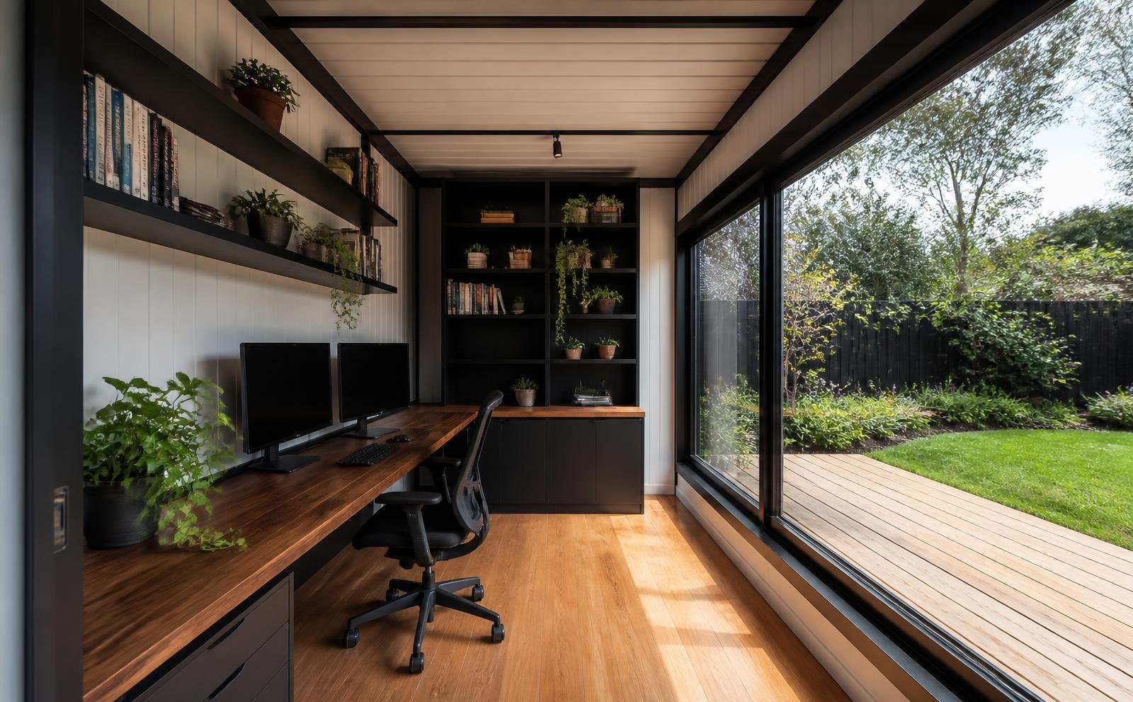 10-Module Container Home – The Ultimate, 3-Bedroom Courtyard – A light-filled home office module within a luxury shipping container villa, overlooking a private courtyard and deck