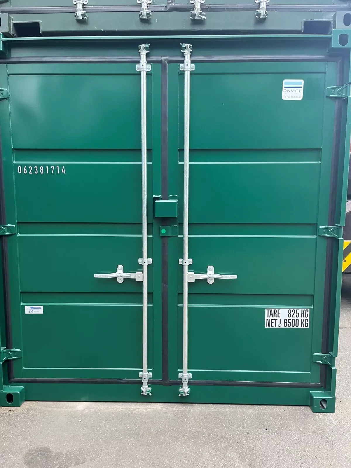 10ft New Shipping Container – Double Cargo Doors – front view of green container with closed cargo doors