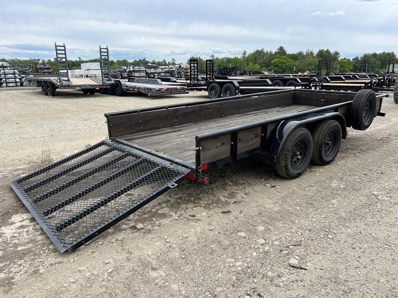 2021 Big Tex 16 ft Utility Trailer – Ramp Gate & Spare – Rear side angle of the utility trailer with the ramp gate extended
