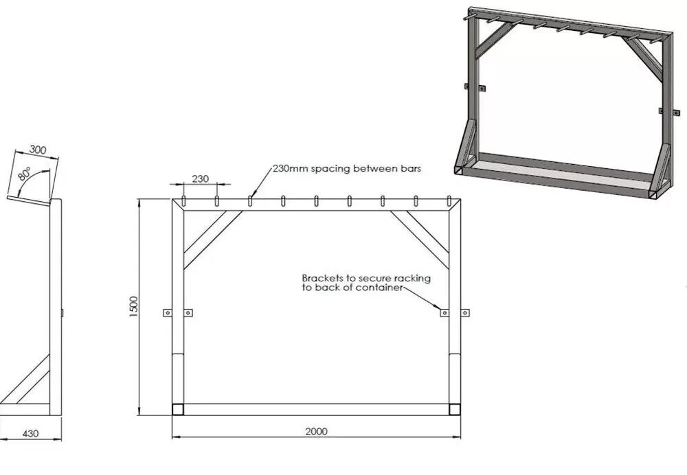 10ft Bespoke Steel Storage Container – Rigging Loft & Tackle Store – dimensioned technical drawing of steel storage racking frame