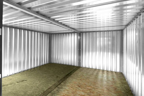 3 m (9.8 ft) Side-Linked Flat-Pack Bundle – Galvanized – Wide interior shot showing the joined space and wooden flooring panels