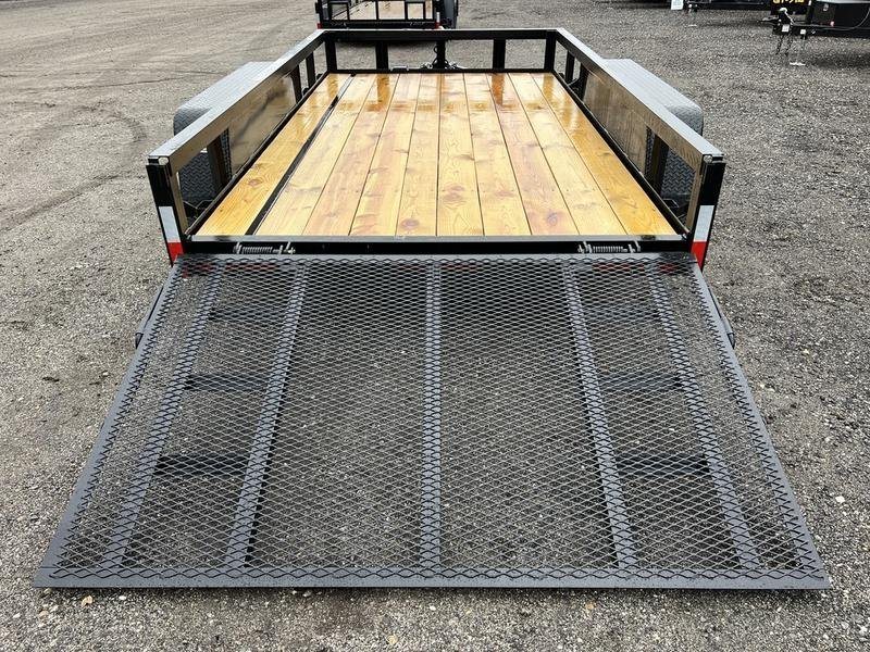 2024 Reiser Trailers 12 ft Landscape Trailer – Ramp Gate – Direct rear view looking onto the wooden deck over the lowered mesh ramp