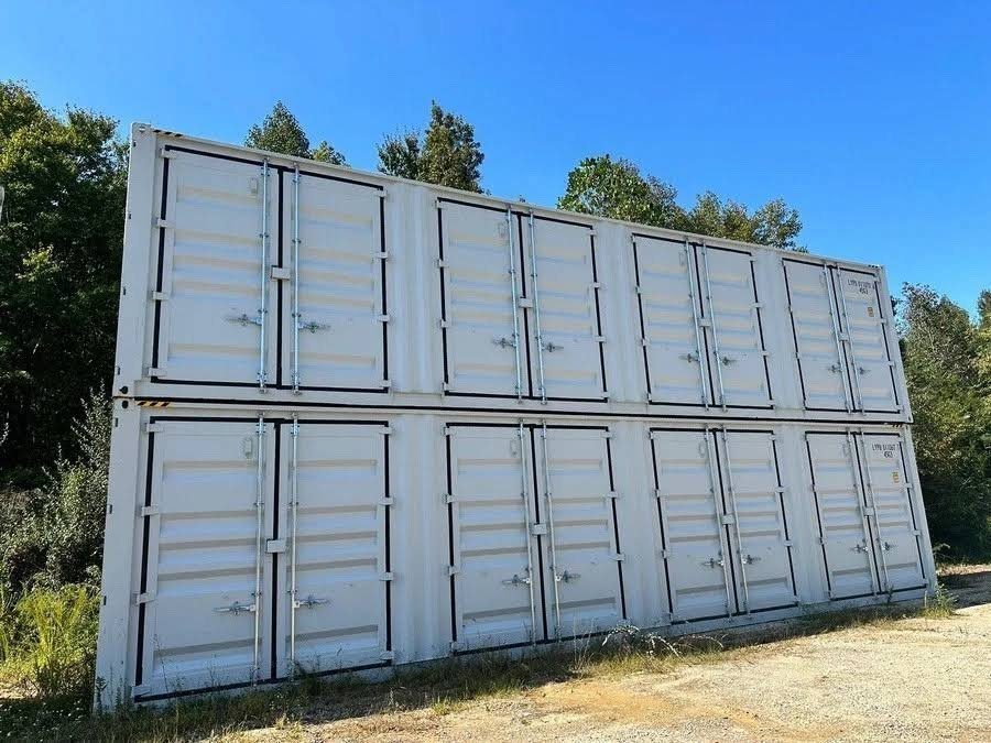 40ft High Cube Shipping Container – 4 Side Doors + End Access – two stacked containers with four sets of closed side doors