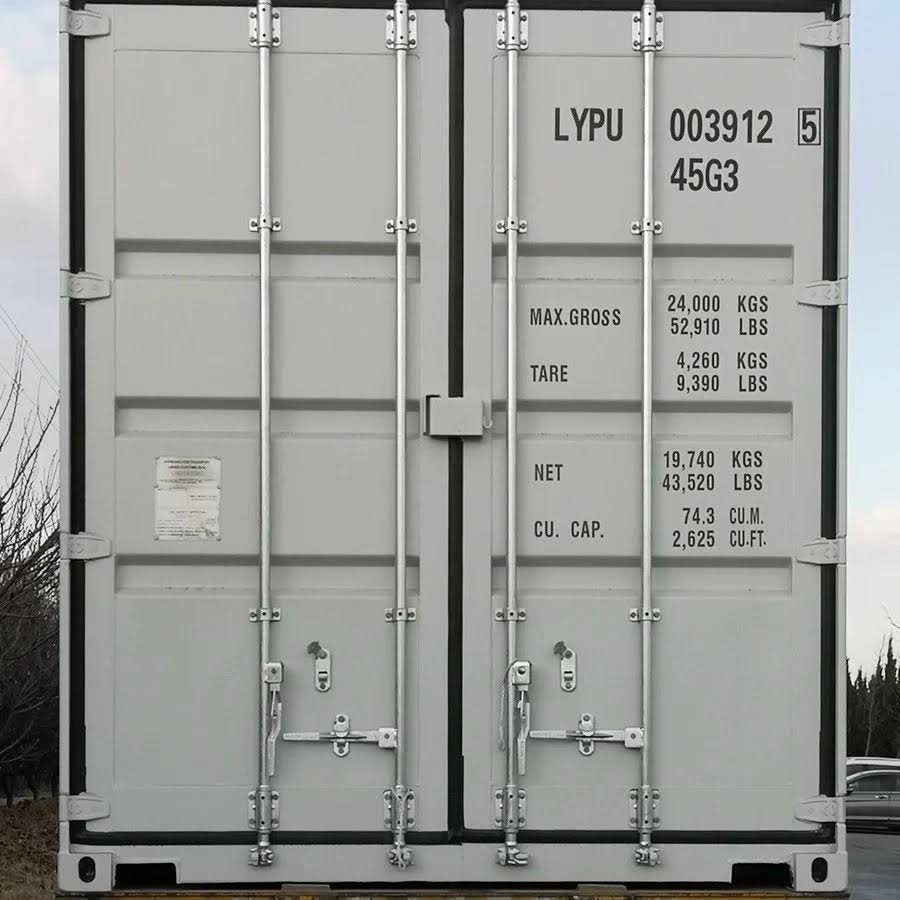 40ft High Cube Shipping Container – 4 Side Doors + End Access – front view of closed cargo doors with locking bars