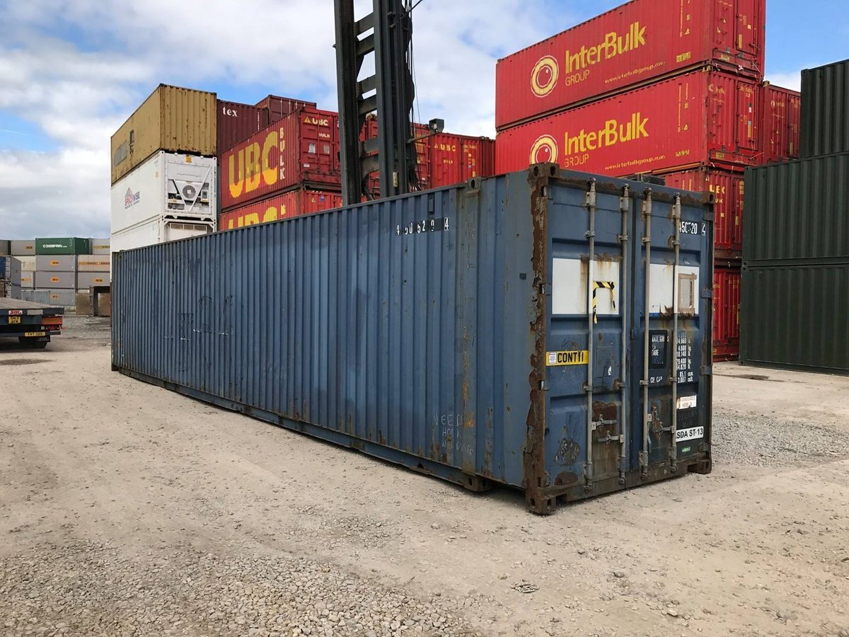 45ft High Cube Shipping Container – Used, Large-Capacity Storage – three-quarter exterior view of weathered container with cargo doors closed